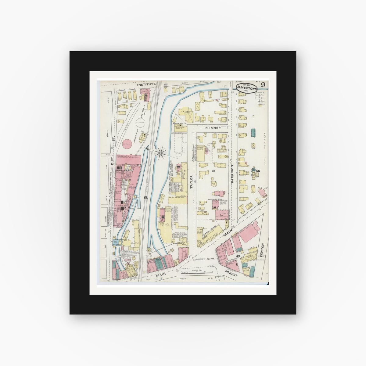 Old map wall art mockup — black gallery frame with white mat — Sanborn Fire Insurance Map from Jamestown, Chautauqua County, New York (1891), Sheet #0009