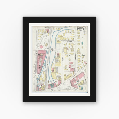 Old map wall art mockup — black gallery frame with white mat — Sanborn Fire Insurance Map from Jamestown, Chautauqua County, New York (1891), Sheet #0009
