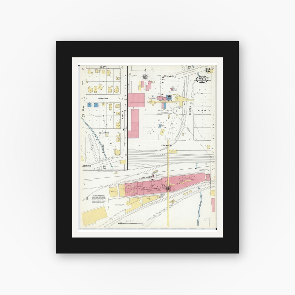 Old map wall art mockup — black gallery frame with white mat — Sanborn Fire Insurance Map from Peru, La Salle County, Illinois (1916), Sheet #0012
