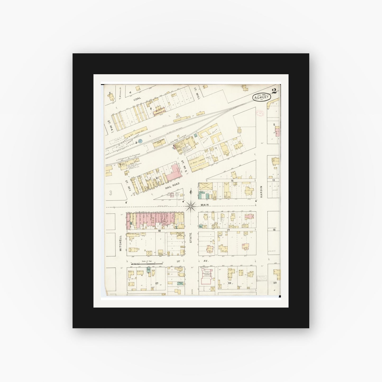 Old map wall art mockup — black gallery frame with white mat — Sanborn Fire Insurance Map from Ackley, Hardin and Franklin Counties, Iowa (1894), Sheet #0002