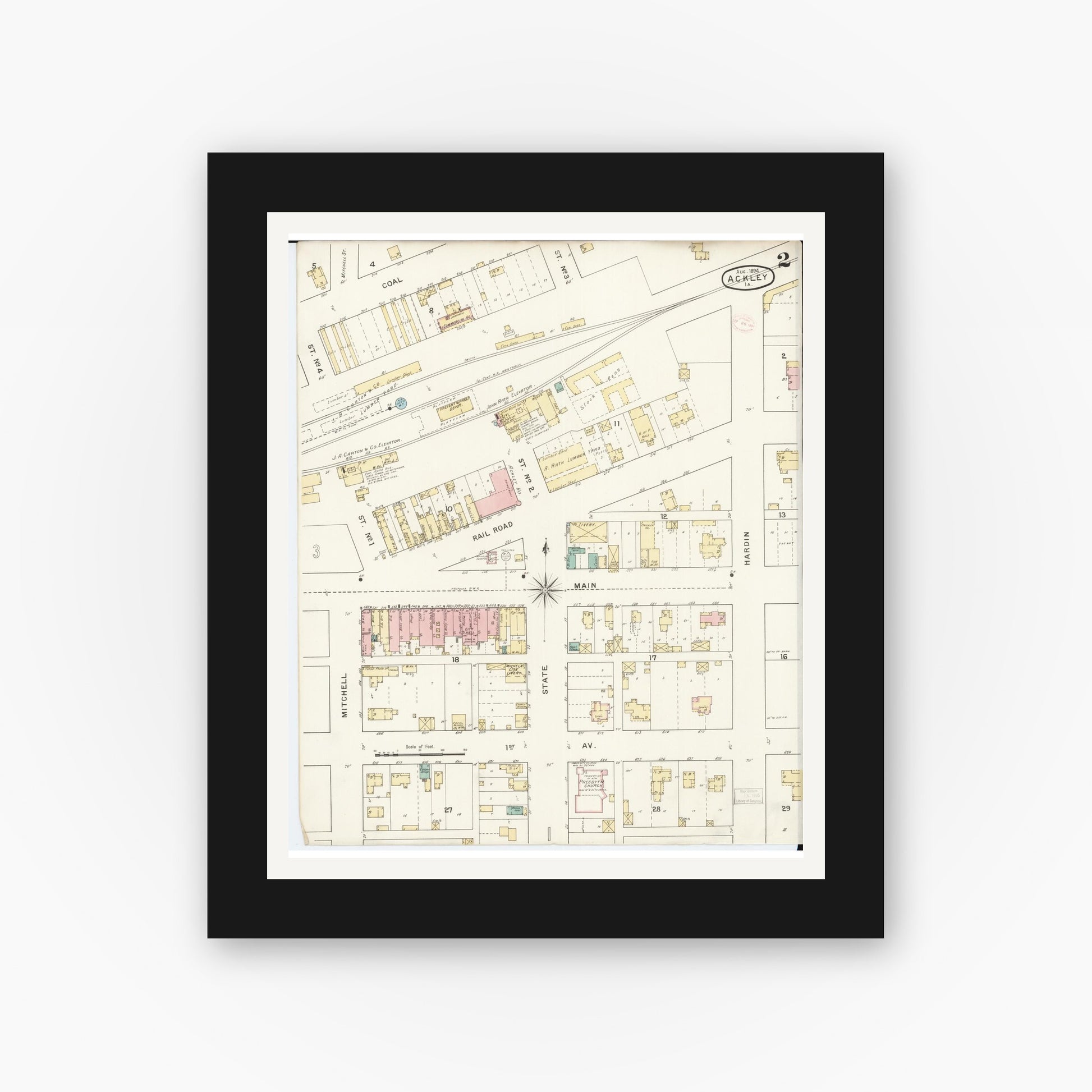 Old map wall art mockup — black gallery frame with white mat — Sanborn Fire Insurance Map from Ackley, Hardin and Franklin Counties, Iowa (1894), Sheet #0002