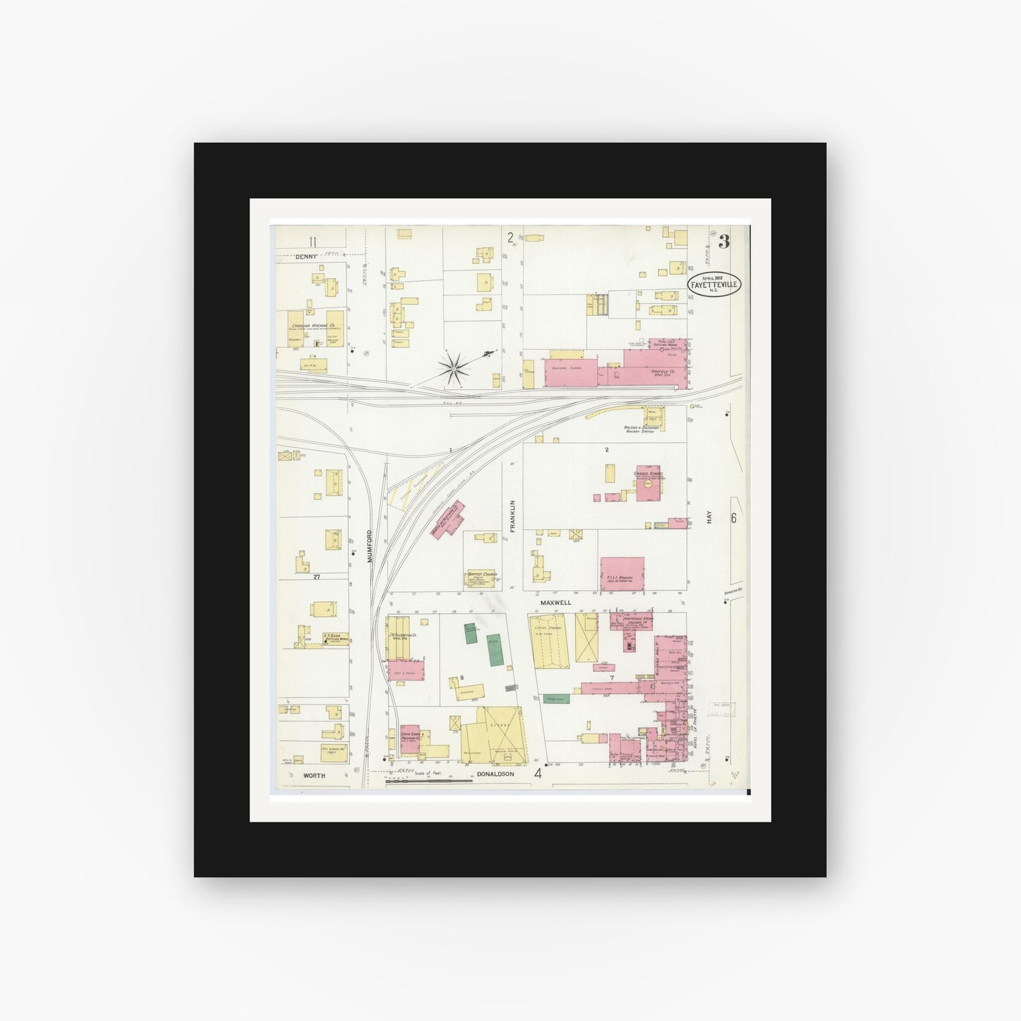 Old map wall art mockup — black gallery frame with white mat — Sanborn Fire Insurance Map from Fayetteville, Cumberland County, North Carolina (1908), Sheet #0003