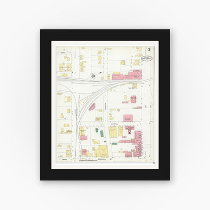Old map wall art mockup — black gallery frame with white mat — Sanborn Fire Insurance Map from Fayetteville, Cumberland County, North Carolina (1908), Sheet #0003