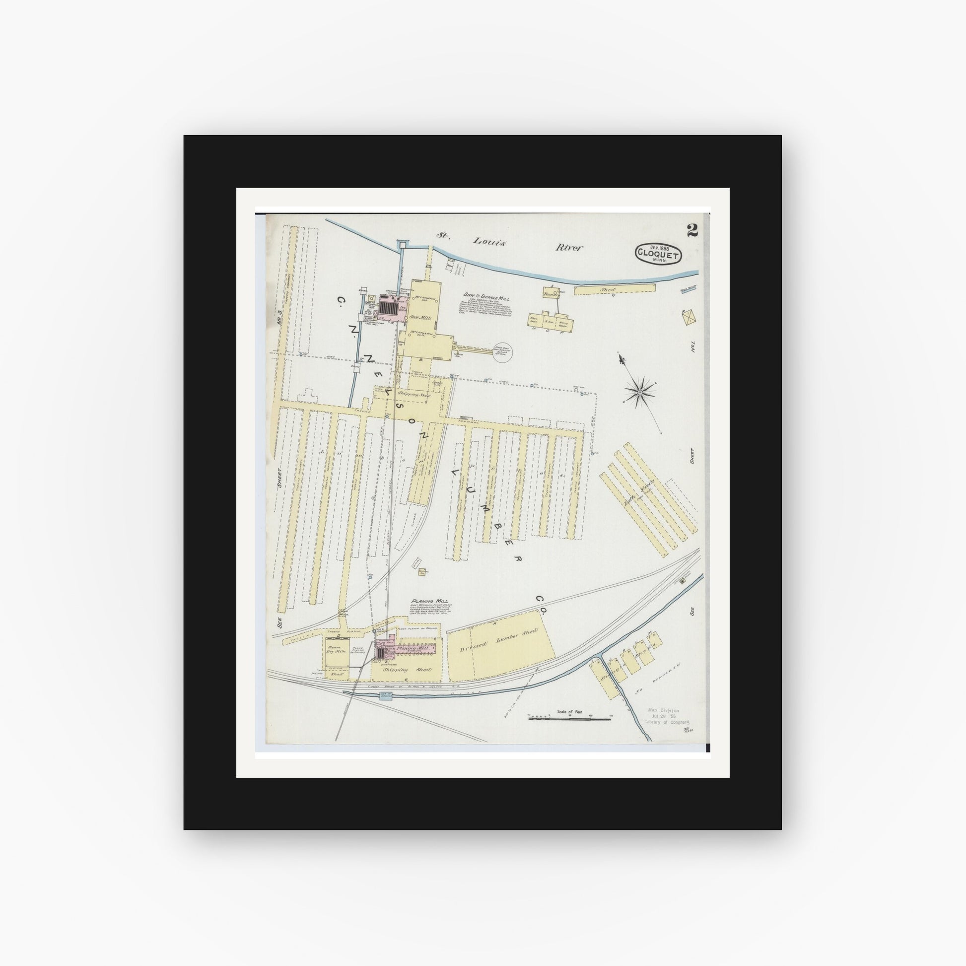 Old map wall art mockup — black gallery frame with white mat — Sanborn Fire Insurance Map from Cloquet, Carlton County, Minnesota (1888), Sheet #0002
