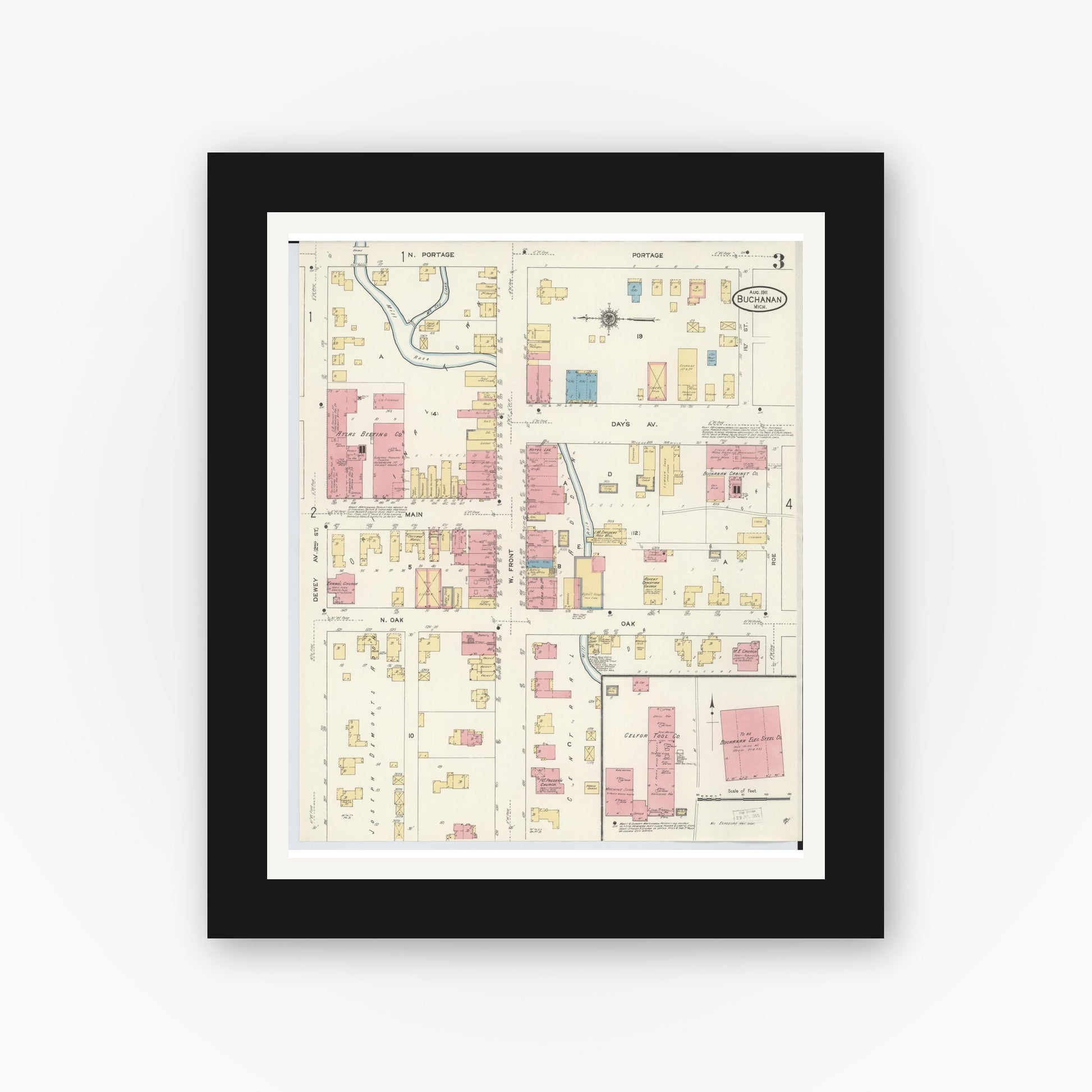 Old map wall art mockup — black gallery frame with white mat — Sanborn Fire Insurance Map from Buchanan, Berrien County, Michigan (1911), Sheet #0003
