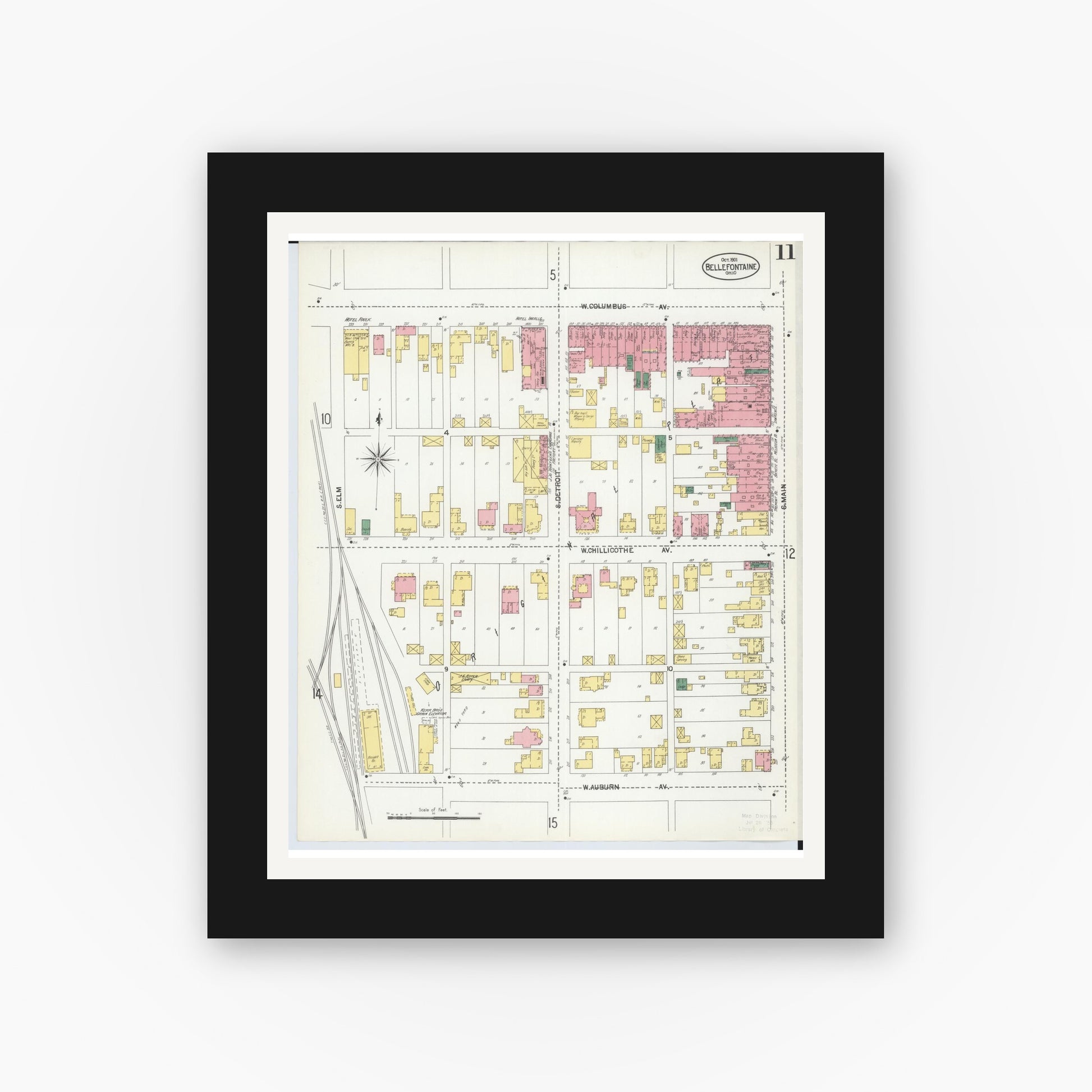 Old map wall art mockup — black gallery frame with white mat — Sanborn Fire Insurance Map from Bellefontaine, Logan County, Ohio (1901), Sheet #0011