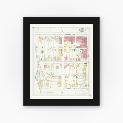 Old map wall art mockup — black gallery frame with white mat — Sanborn Fire Insurance Map from Bellefontaine, Logan County, Ohio (1901), Sheet #0011