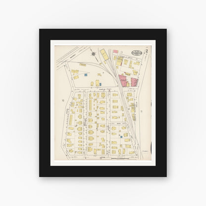 Old map wall art mockup — black gallery frame with white mat — Sanborn Fire Insurance Map from Framingham, Middlesex County, Massachusetts (1922), Sheet #0002