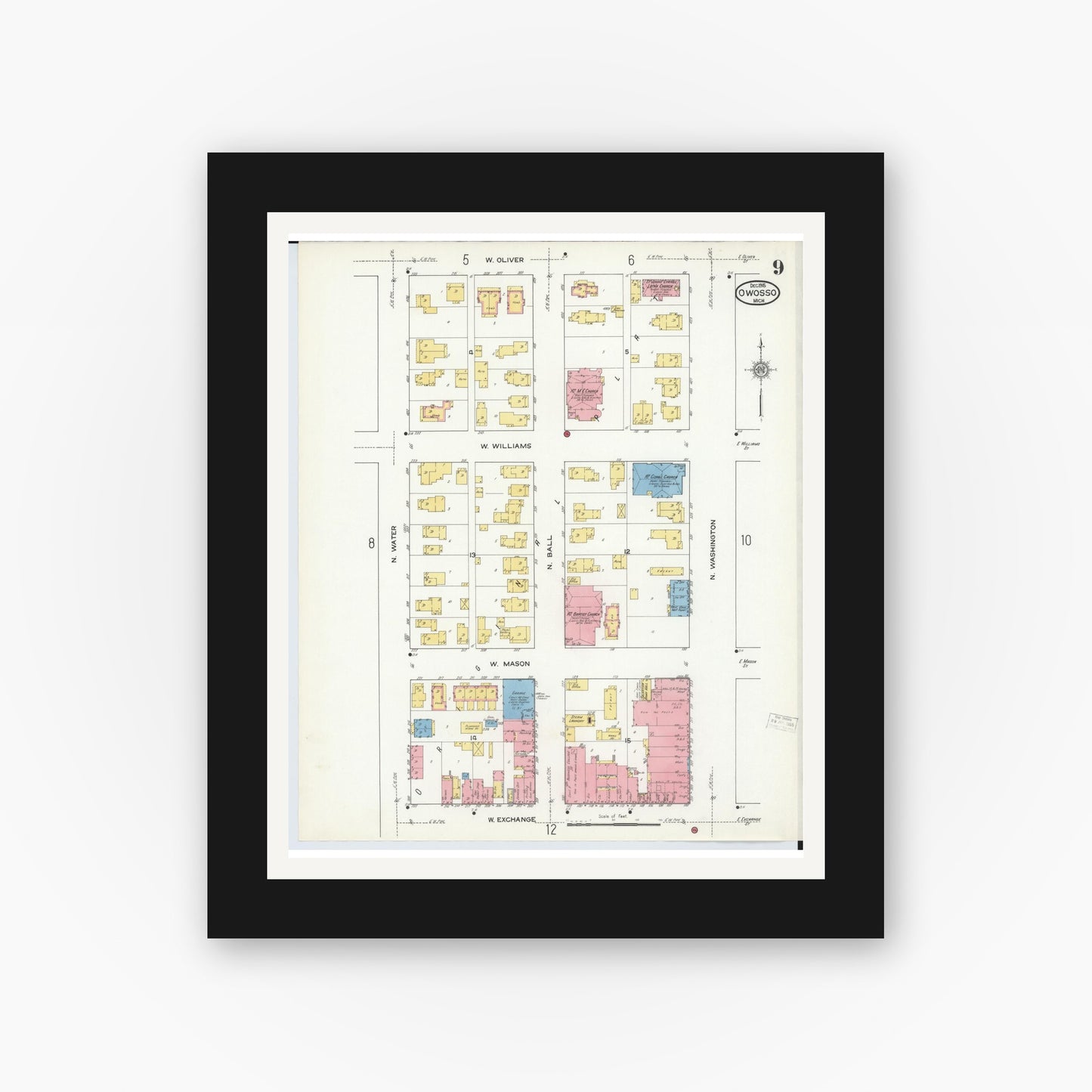 Old map wall art mockup — black gallery frame with white mat — Sanborn Fire Insurance Map from Owosso, Shiawassee County, Michigan (1915), Sheet #0009