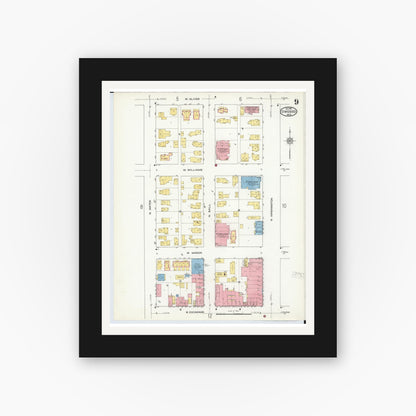 Old map wall art mockup — black gallery frame with white mat — Sanborn Fire Insurance Map from Owosso, Shiawassee County, Michigan (1915), Sheet #0009