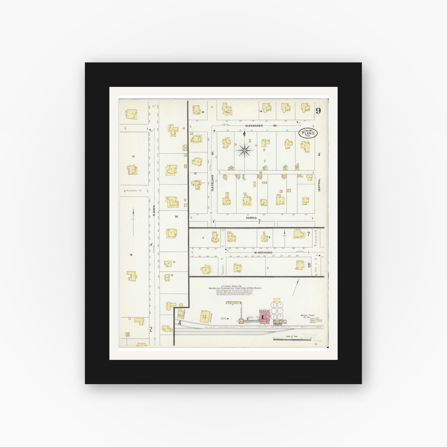 Old map wall art mockup — black gallery frame with white mat — Sanborn Fire Insurance Map from Plano, Collin County, Texas (1907), Sheet #0009