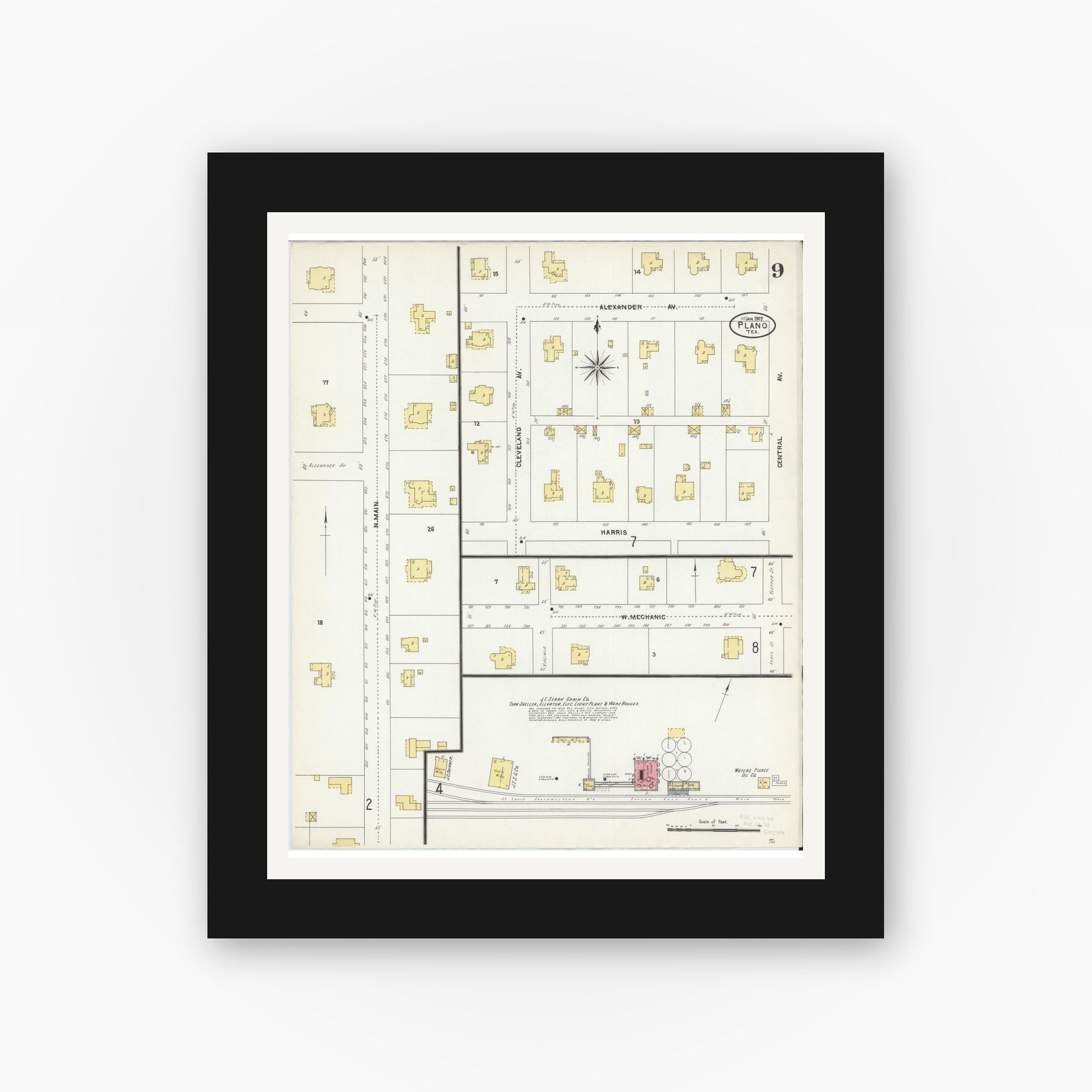 Old map wall art mockup — black gallery frame with white mat — Sanborn Fire Insurance Map from Plano, Collin County, Texas (1907), Sheet #0009