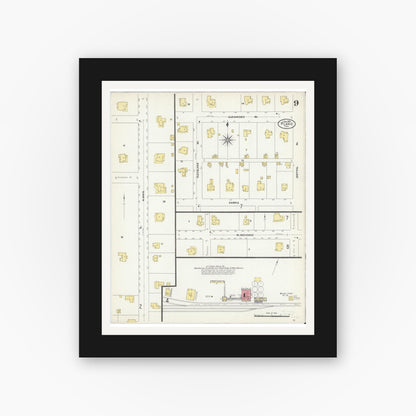 Old map wall art mockup — black gallery frame with white mat — Sanborn Fire Insurance Map from Plano, Collin County, Texas (1907), Sheet #0009