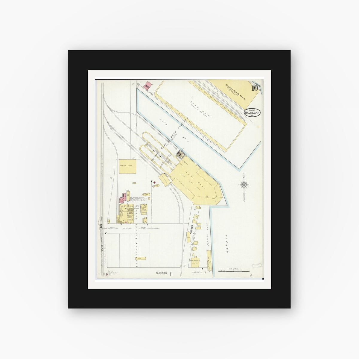 Old map wall art mockup — black gallery frame with white mat — Sanborn Fire Insurance Map from Waukegan, Lake County, Illinois (1912), Sheet #0010