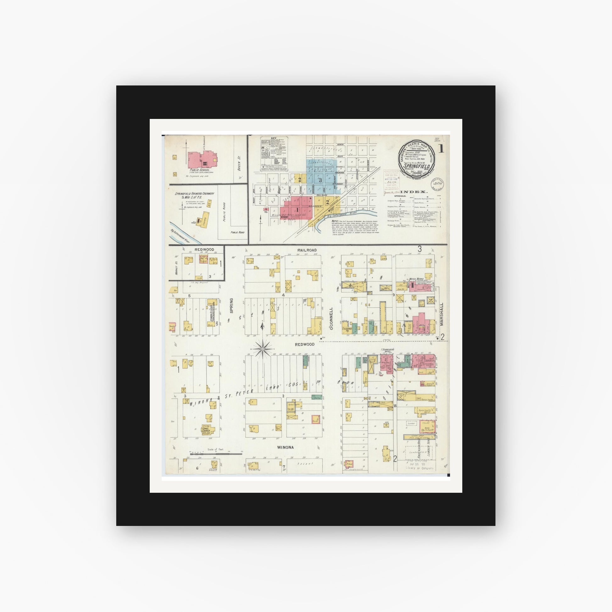Old map wall art mockup — black gallery frame with white mat — Sanborn Fire Insurance Map from Springfield, Brown County, Minnesota (1899) - Complete Map Set