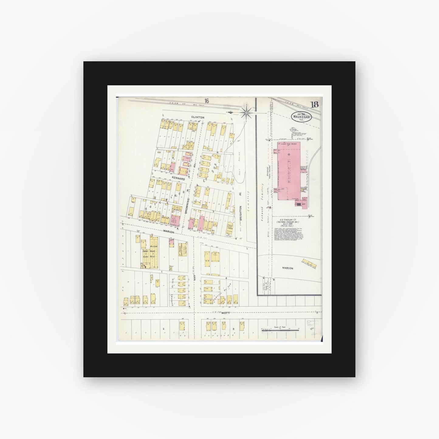Old map wall art mockup — black gallery frame with white mat — Sanborn Fire Insurance Map from Waukegan, Lake County, Illinois (1906), Sheet #0018