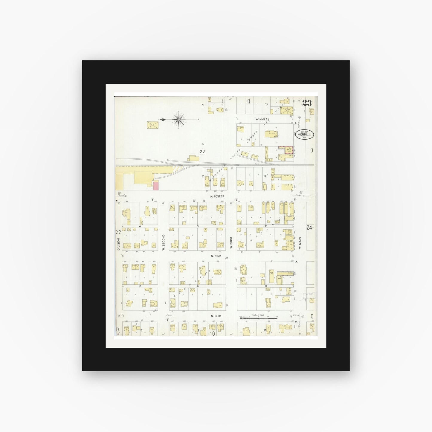 Old map wall art mockup — black gallery frame with white mat — Sanborn Fire Insurance Map from Merrill, Lincoln County, Wisconsin (1907), Sheet #0023