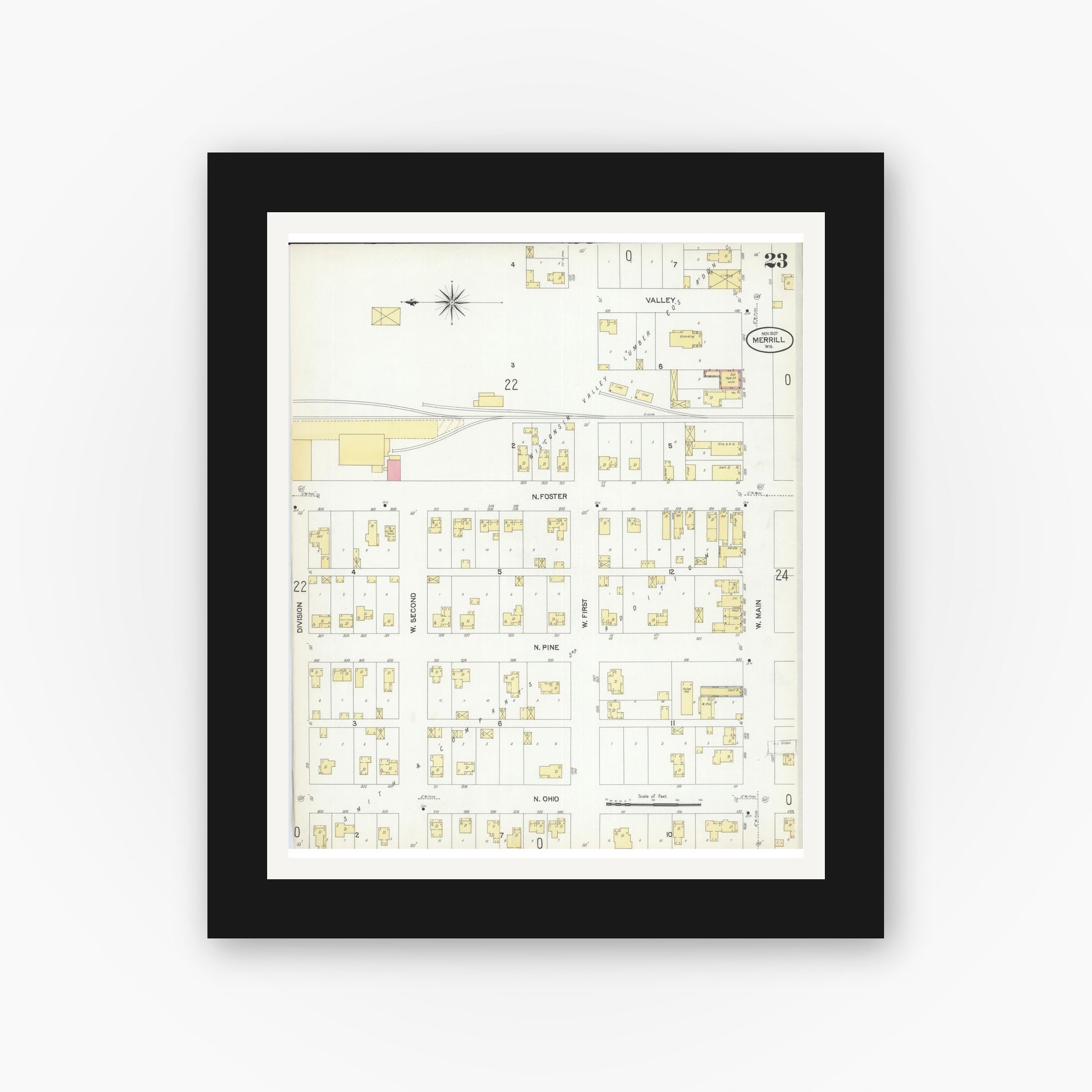 Old map wall art mockup — black gallery frame with white mat — Sanborn Fire Insurance Map from Merrill, Lincoln County, Wisconsin (1907), Sheet #0023