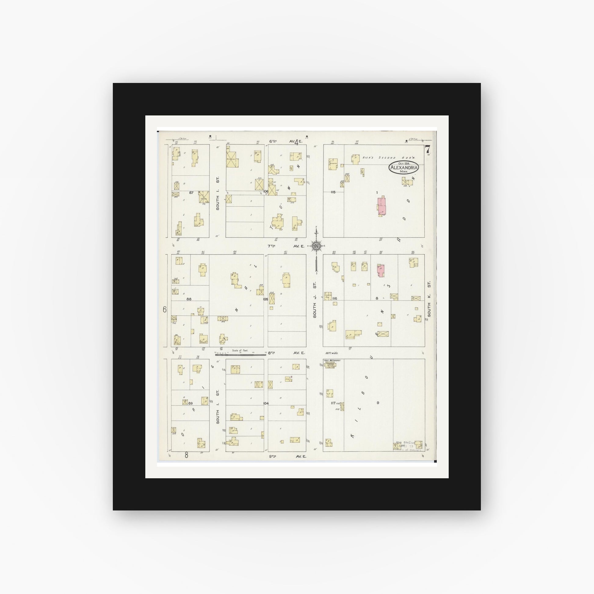 Old map wall art mockup — black gallery frame with white mat — Sanborn Fire Insurance Map from Alexandria, Douglas County, Minnesota (1914), Sheet #0007