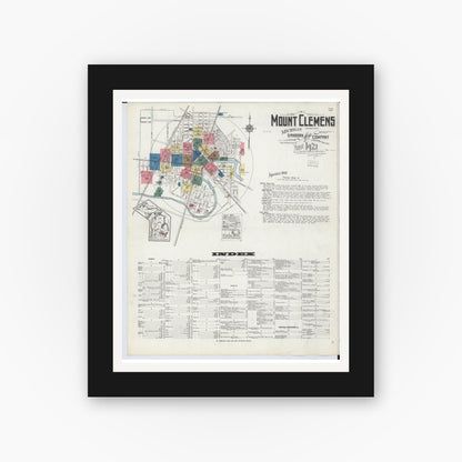 Old map wall art mockup — black gallery frame with white mat — Sanborn Fire Insurance Map from Mount Clemens, Macomb County, Michigan (1921) - Complete Map Set