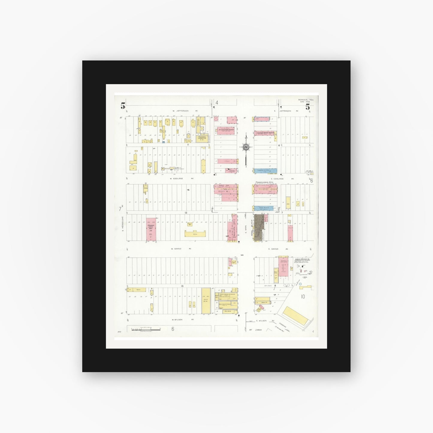 Old map wall art mockup — black gallery frame with white mat — Sanborn Fire Insurance Map from Borger, Hutchinson County, Texas (1933), Sheet #0005