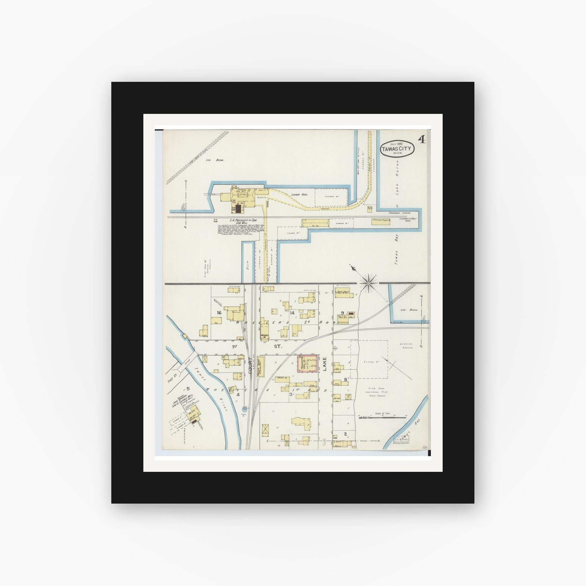 Old map wall art mockup — black gallery frame with white mat — Sanborn Fire Insurance Map from East Tawas, Iosco County, Michigan (1893), Sheet #0004