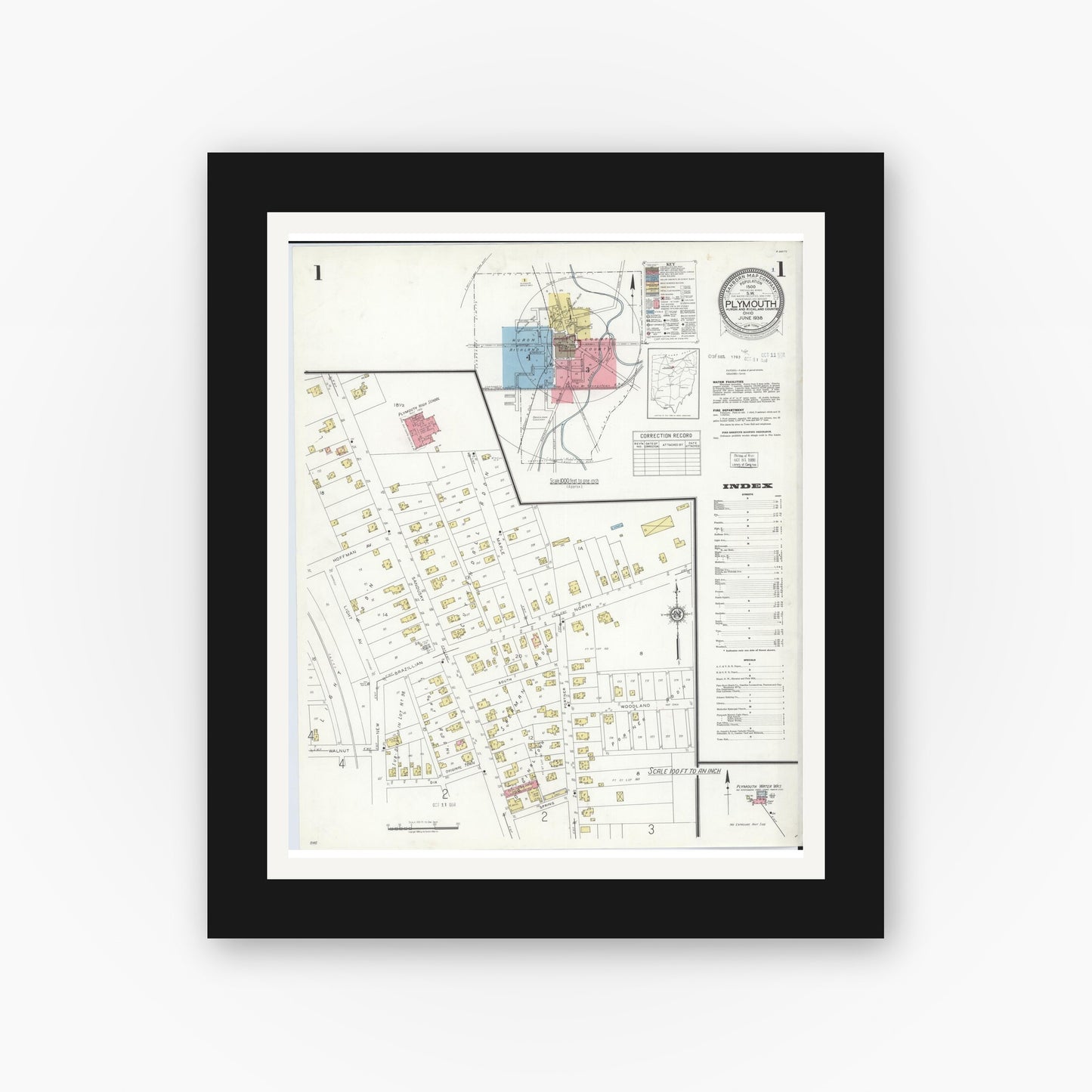 Old map wall art mockup — black gallery frame with white mat — Sanborn Fire Insurance Map from Plymouth, Huron And Richland Counties, Ohio (1938) - Complete Map Set
