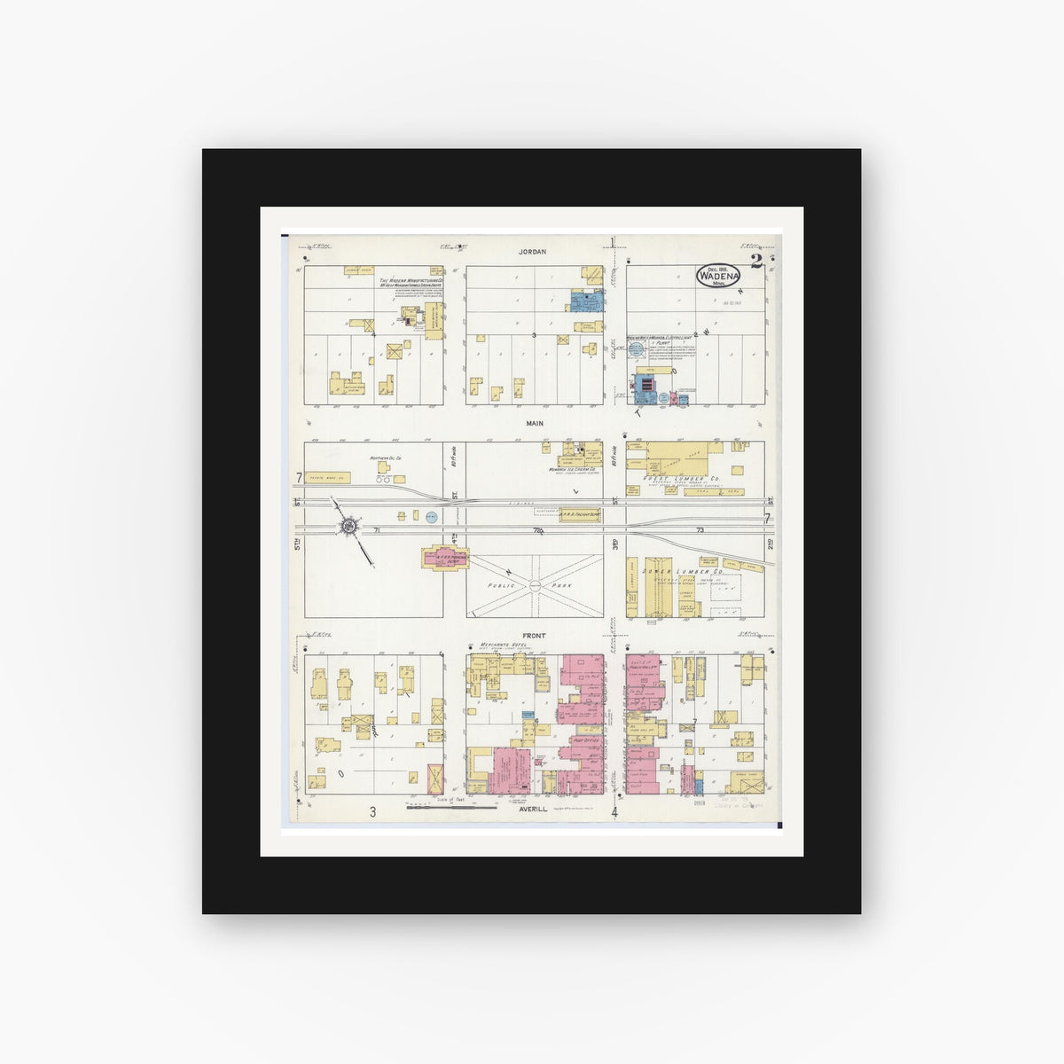 Old map wall art mockup — black gallery frame with white mat — Sanborn Fire Insurance Map from Wadena, Wadena County, Minnesota (1916), Sheet #0002