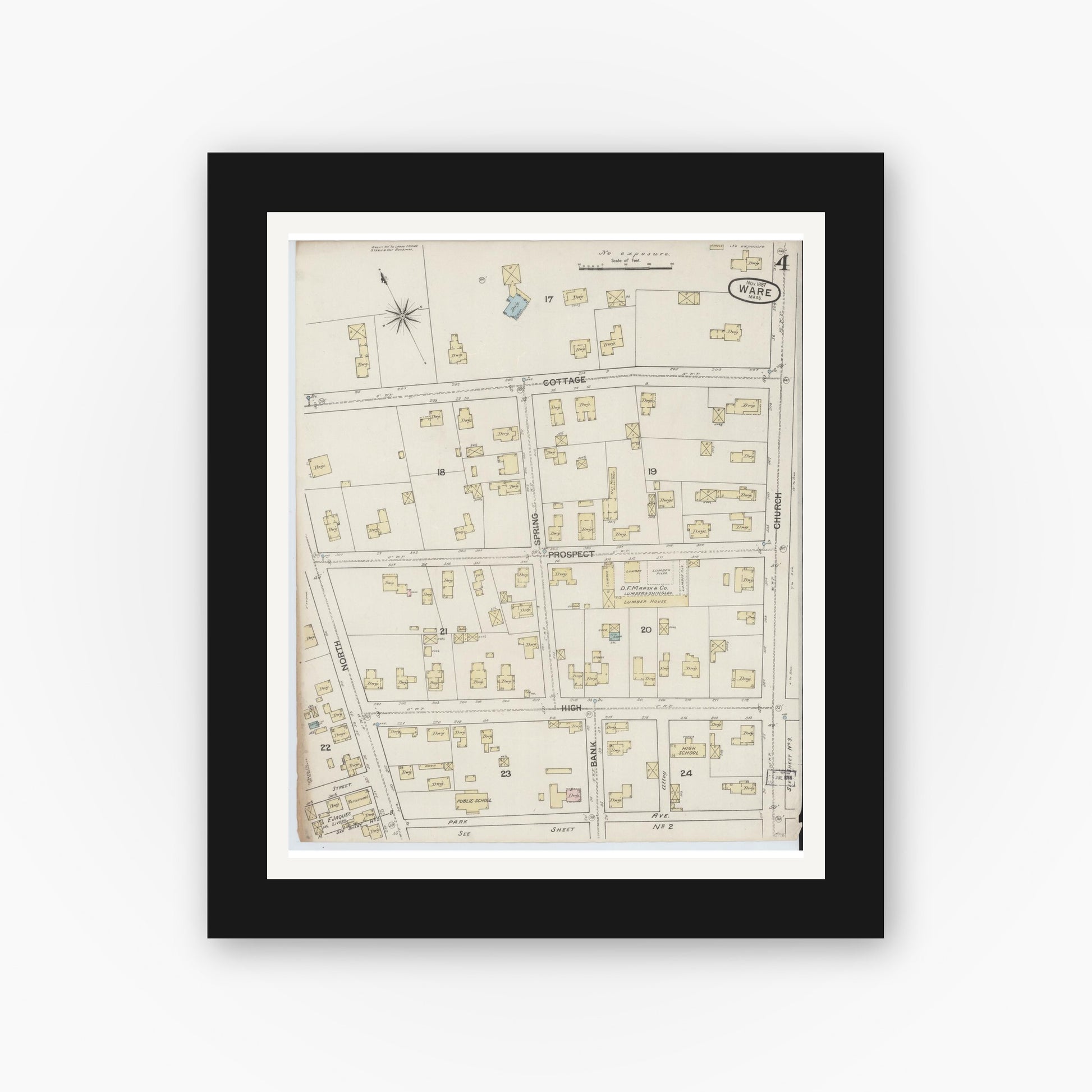 Old map wall art mockup — black gallery frame with white mat — Sanborn Fire Insurance Map from Ware, Hampshire County, Massachusetts (1887), Sheet #0004