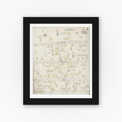Old map wall art mockup — black gallery frame with white mat — Sanborn Fire Insurance Map from Ware, Hampshire County, Massachusetts (1887), Sheet #0004