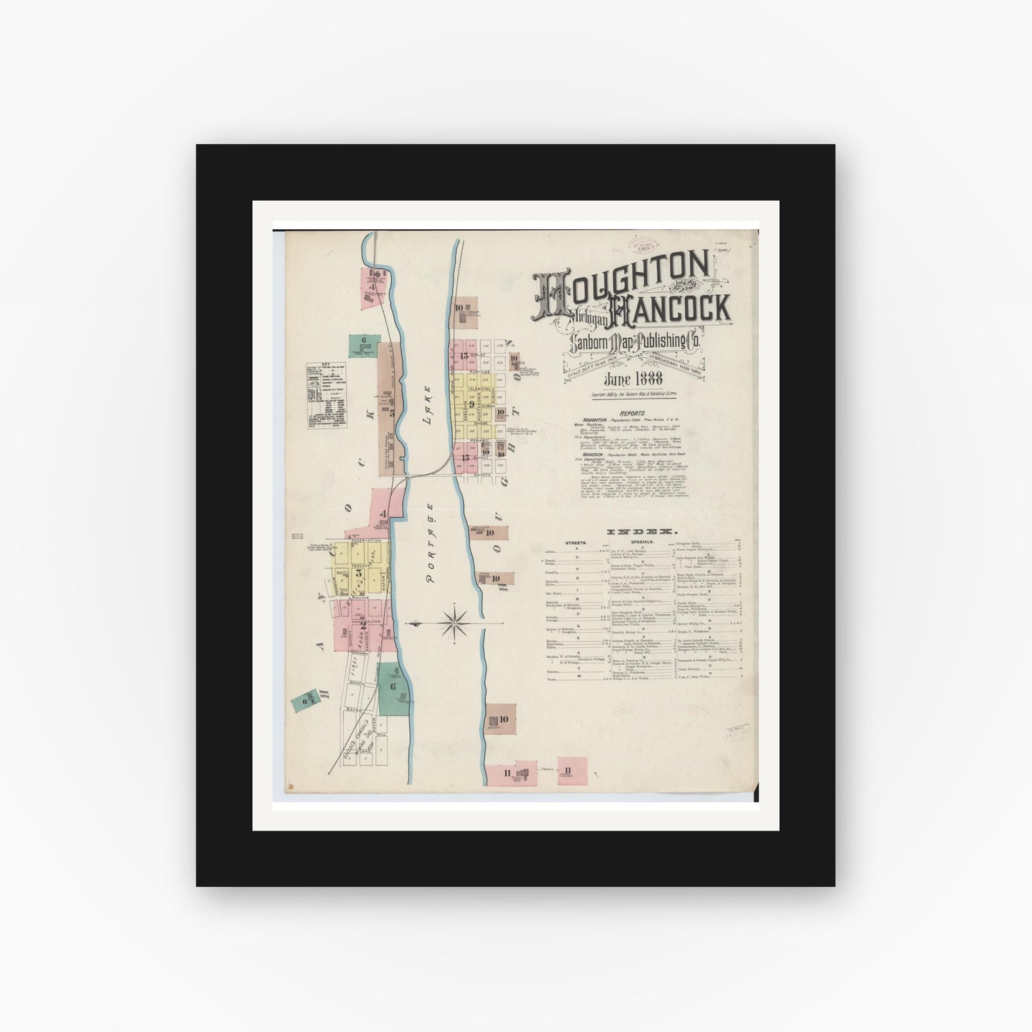 Old map wall art mockup — black gallery frame with white mat — Sanborn Fire Insurance Map from Houghton, Houghton County, Michigan (1888), Sheet #0001