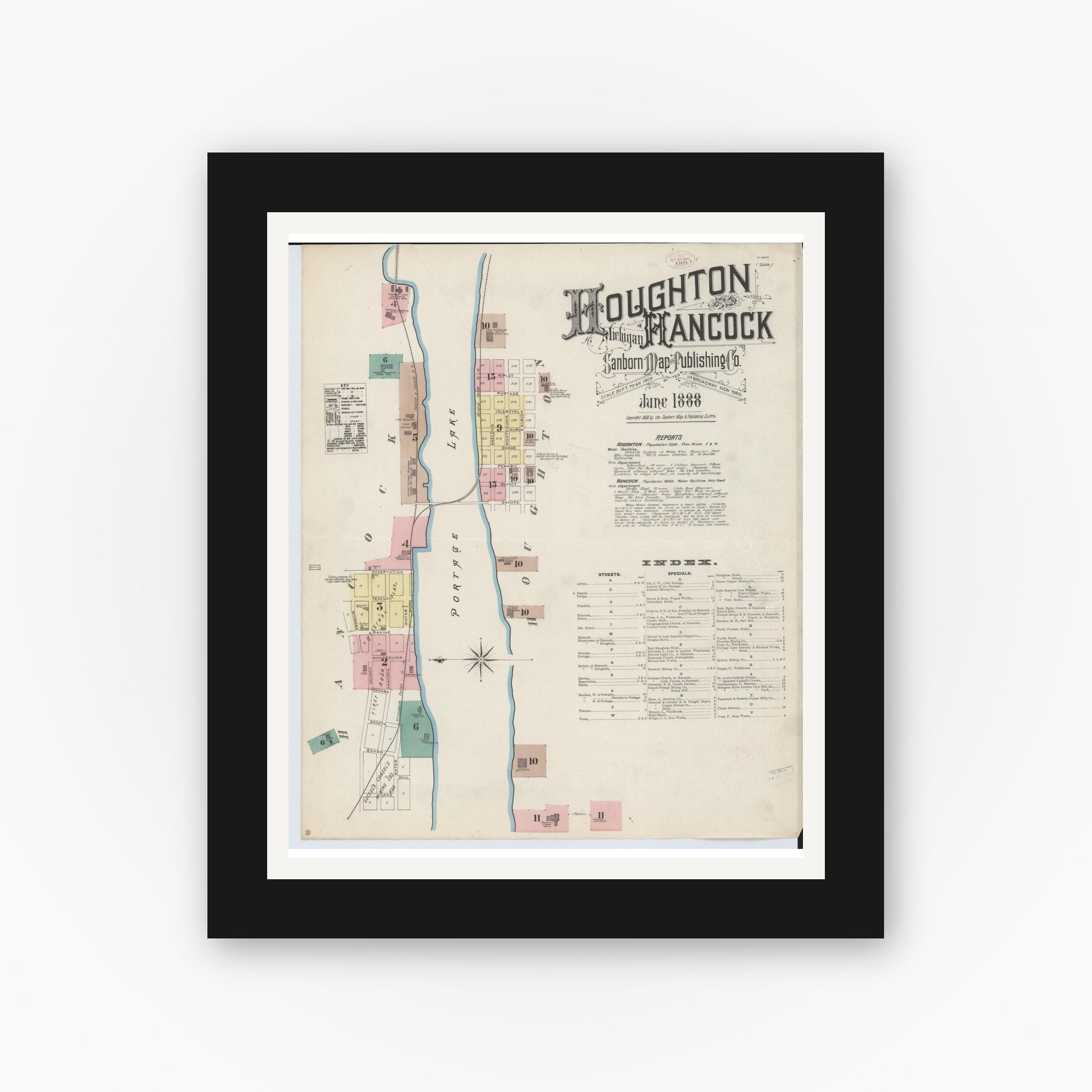Old map wall art mockup — black gallery frame with white mat — Sanborn Fire Insurance Map from Houghton, Houghton County, Michigan (1888), Sheet #0001
