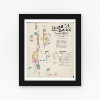 Old map wall art mockup — black gallery frame with white mat — Sanborn Fire Insurance Map from Houghton, Houghton County, Michigan (1888), Sheet #0001