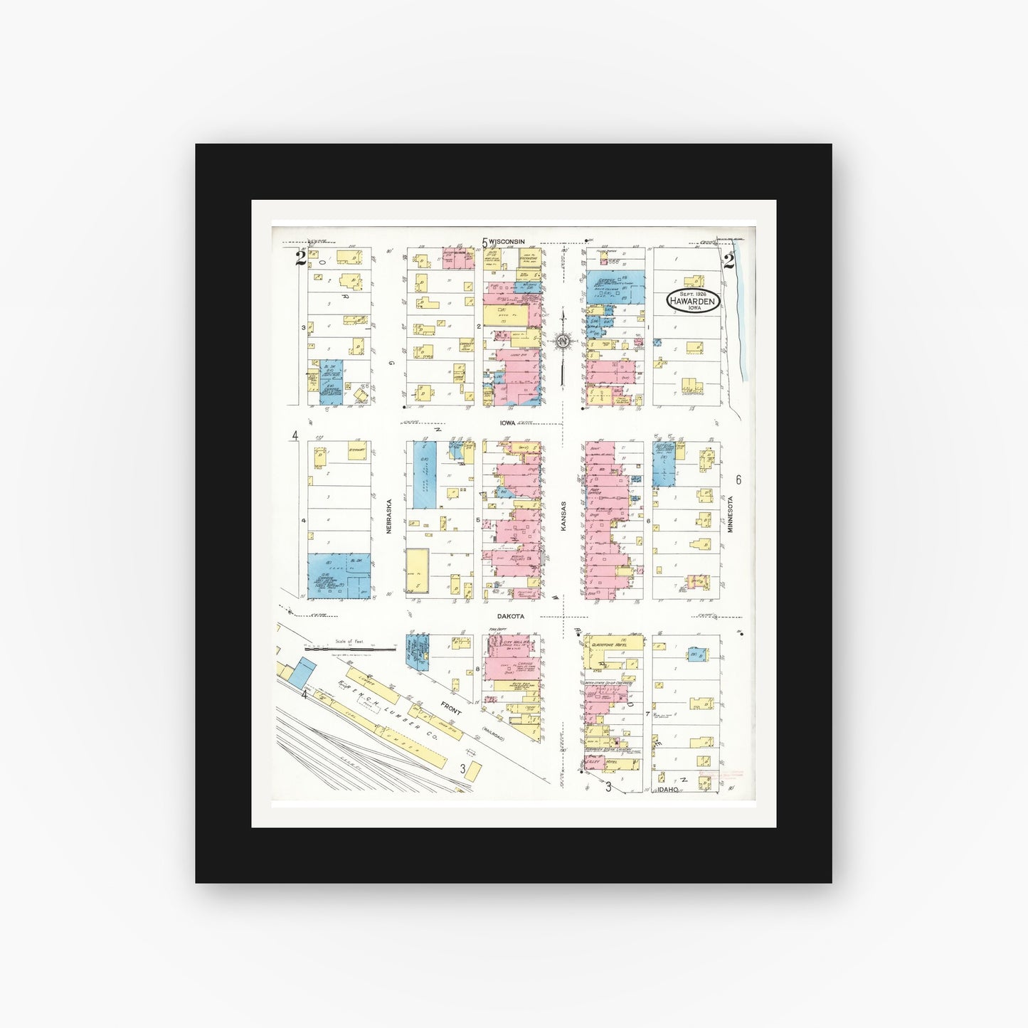 Old map wall art mockup — black gallery frame with white mat — Sanborn Fire Insurance Map from Hawarden, Sioux County, Iowa (1924), Sheet #0002