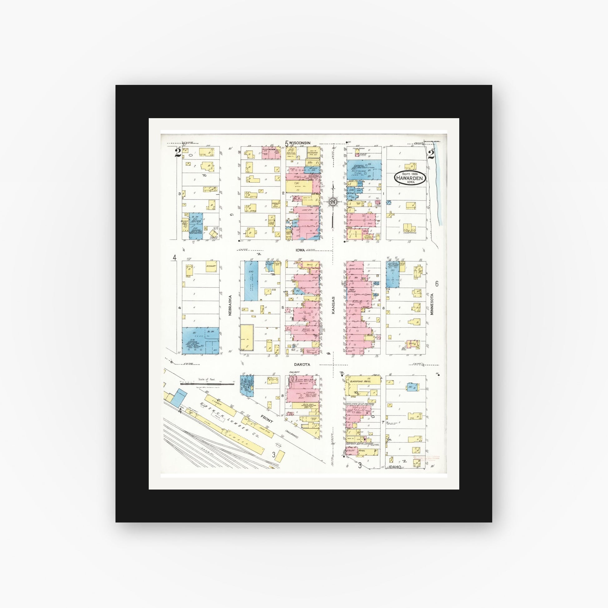 Old map wall art mockup — black gallery frame with white mat — Sanborn Fire Insurance Map from Hawarden, Sioux County, Iowa (1924), Sheet #0002