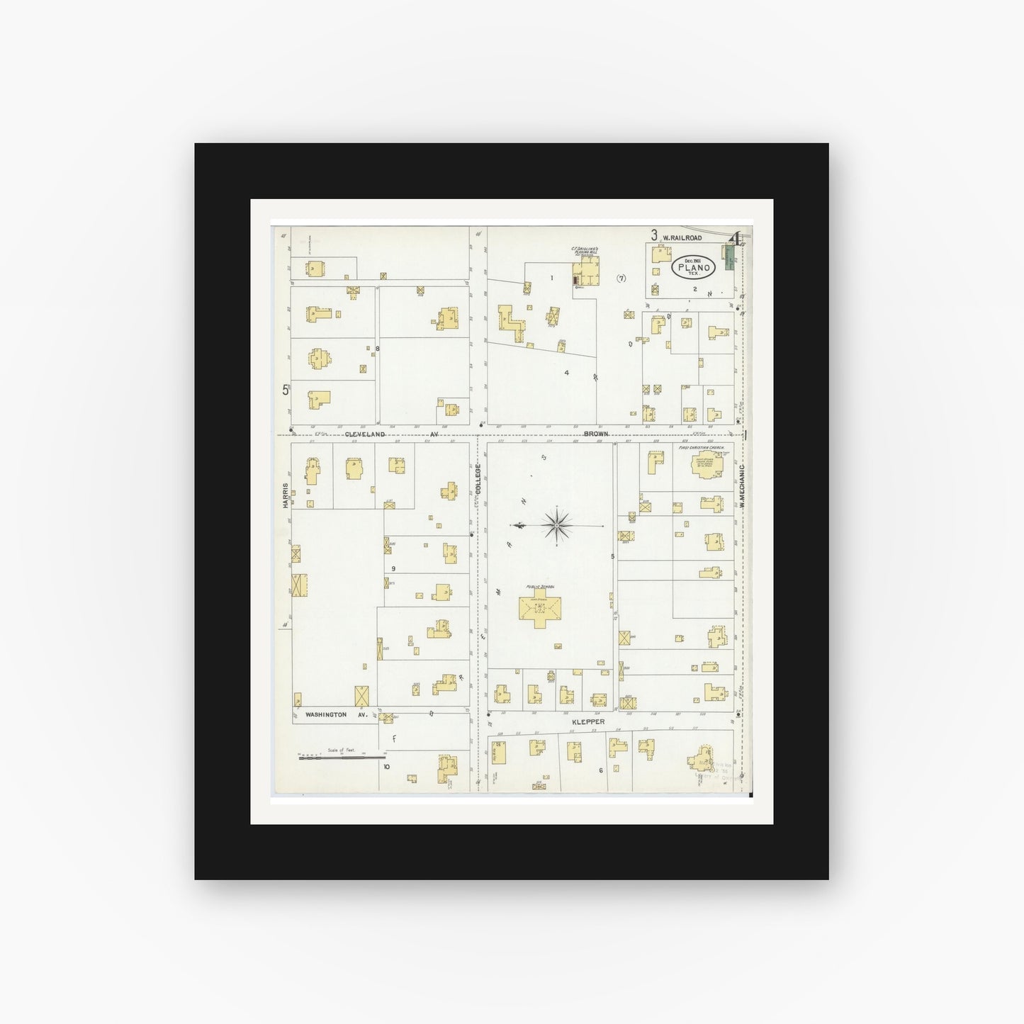 Old map wall art mockup — black gallery frame with white mat — Sanborn Fire Insurance Map from Plano, Collin County, Texas (1901), Sheet #0004