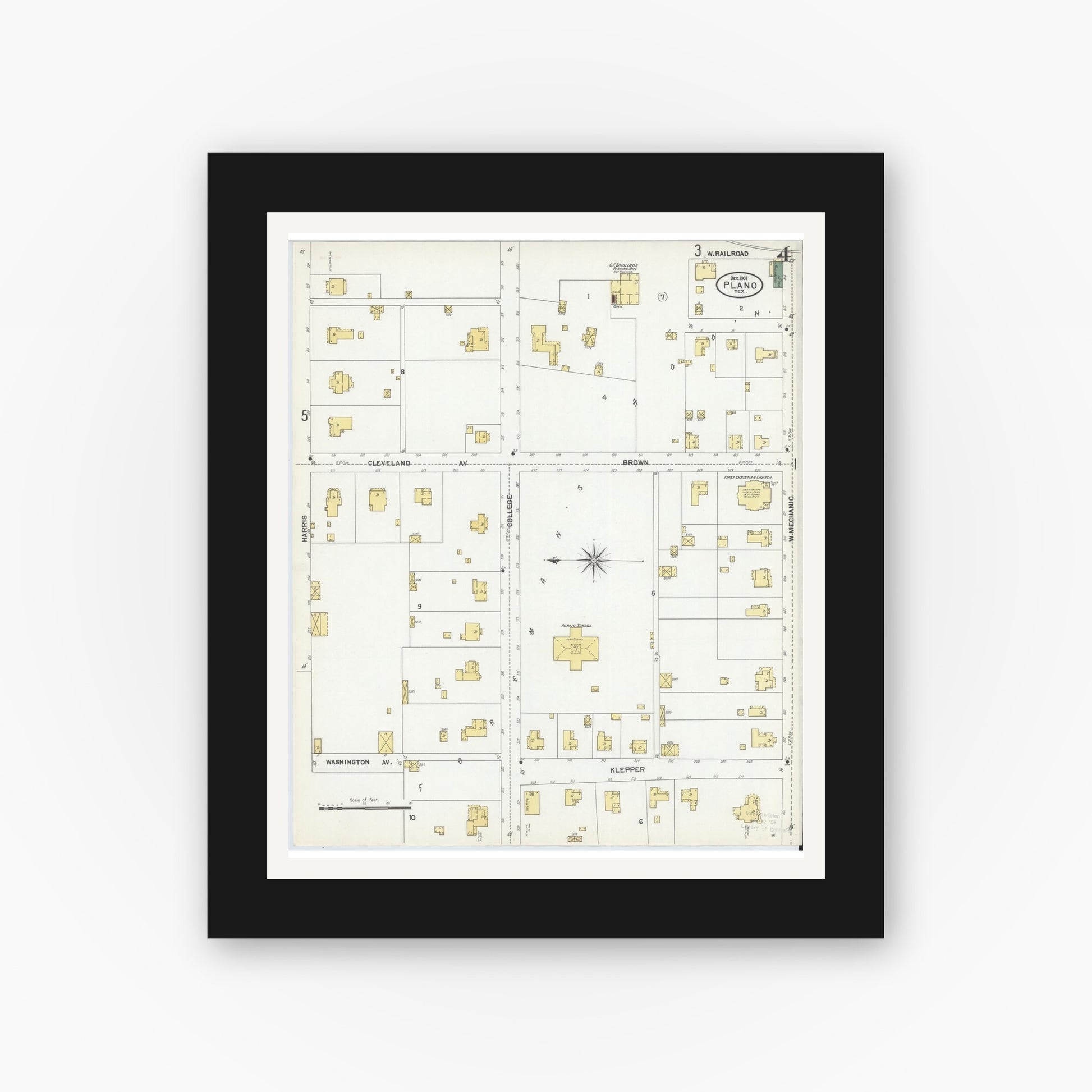 Old map wall art mockup — black gallery frame with white mat — Sanborn Fire Insurance Map from Plano, Collin County, Texas (1901), Sheet #0004