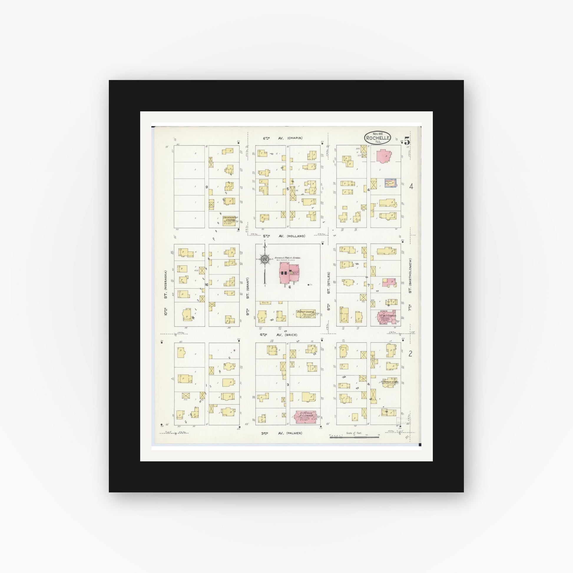 Old map wall art mockup — black gallery frame with white mat — Sanborn Fire Insurance Map from Rochelle, Ogle County, Illinois (1912), Sheet #0005