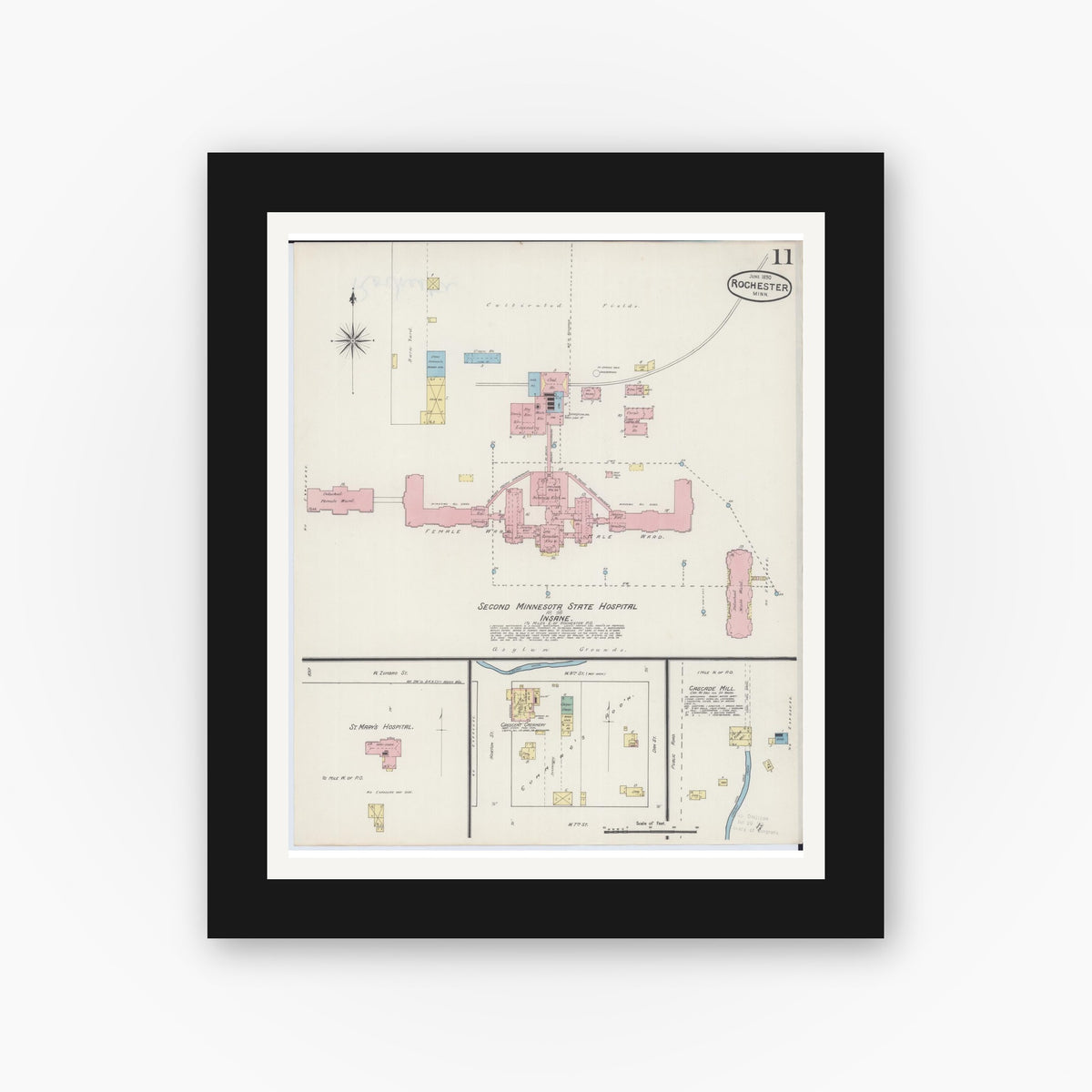Old map wall art mockup — black gallery frame with white mat — Sanborn Fire Insurance Map from Rochester, Olmsted County, Minnesota (1890), Sheet #0011