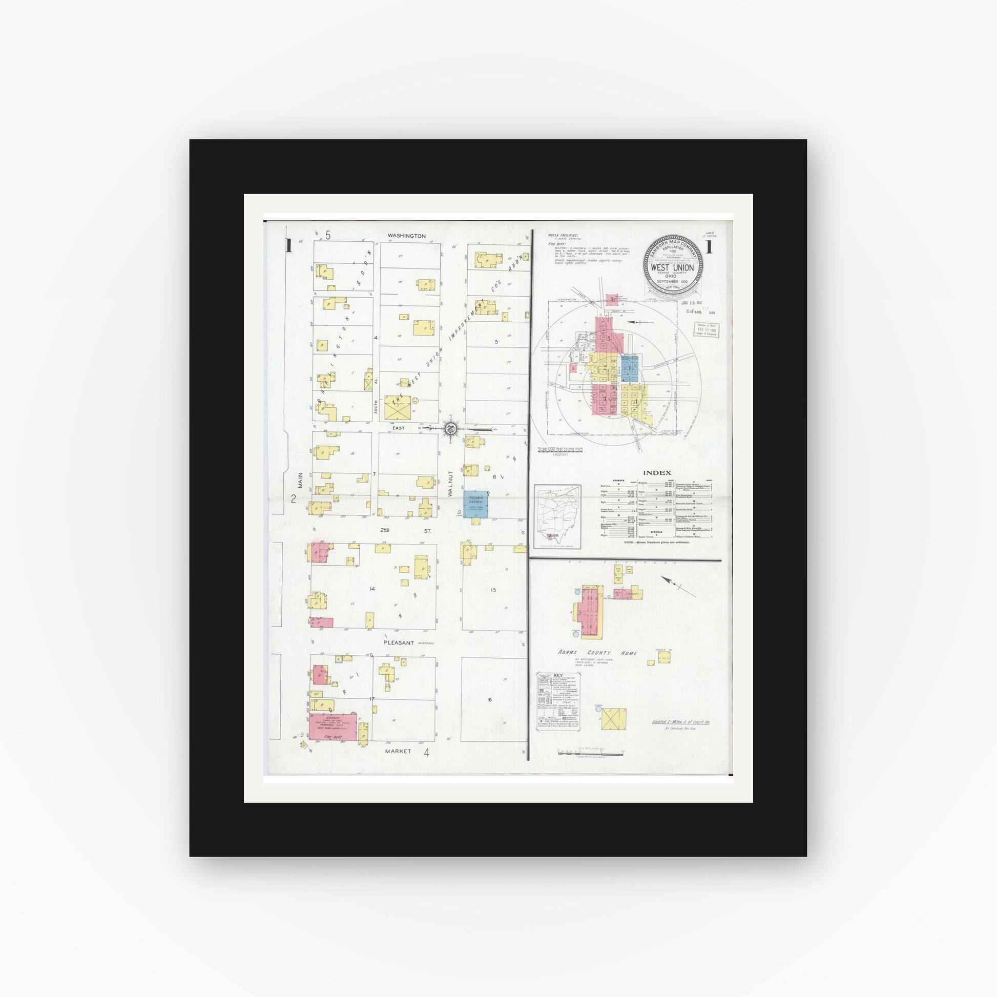 Old map wall art mockup — black gallery frame with white mat — Sanborn Fire Insurance Map from West Union, Adams County, Ohio (1930) - Complete Map Set