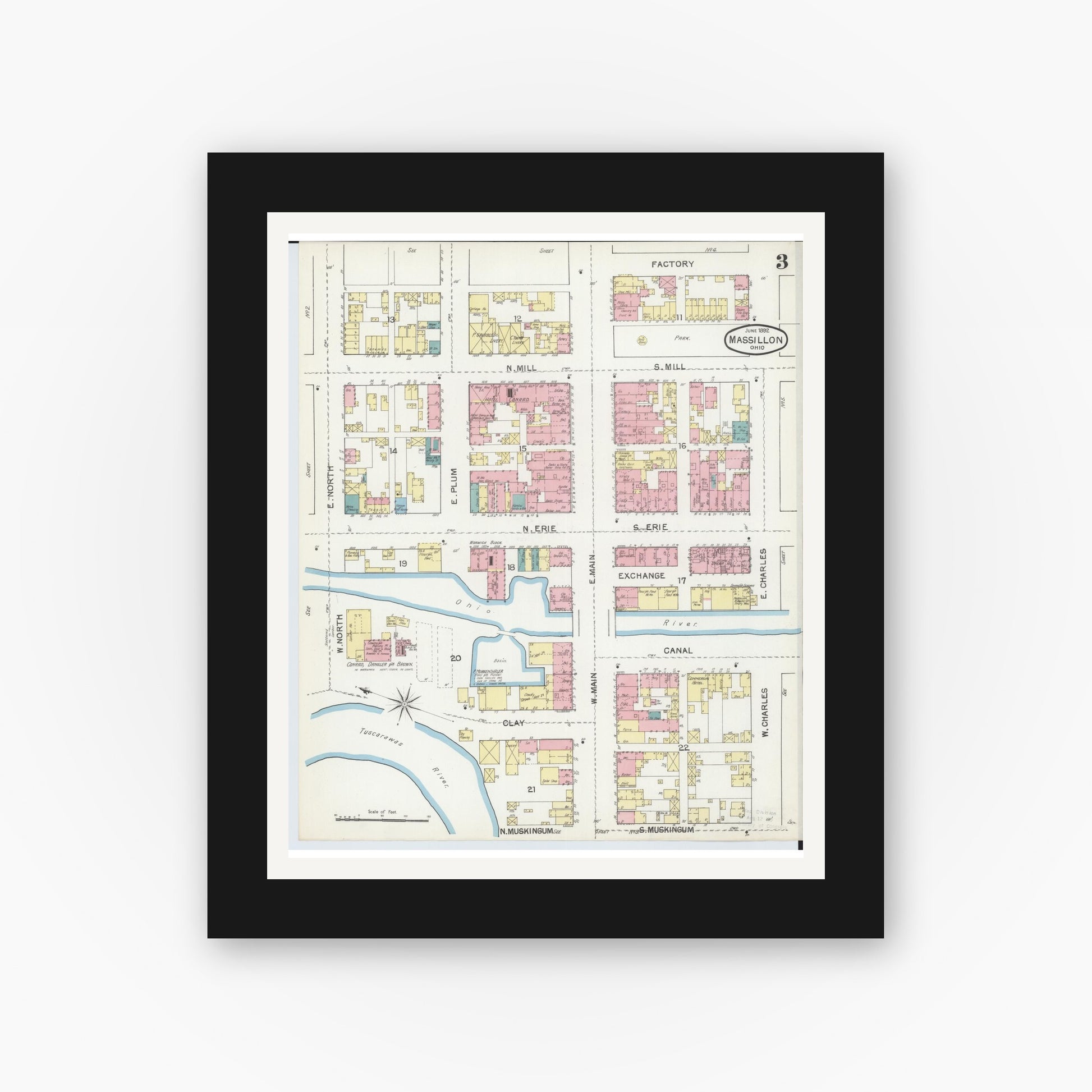 Old map wall art mockup — black gallery frame with white mat — Sanborn Fire Insurance Map from Massillon, Stark County, Ohio (1892), Sheet #0003