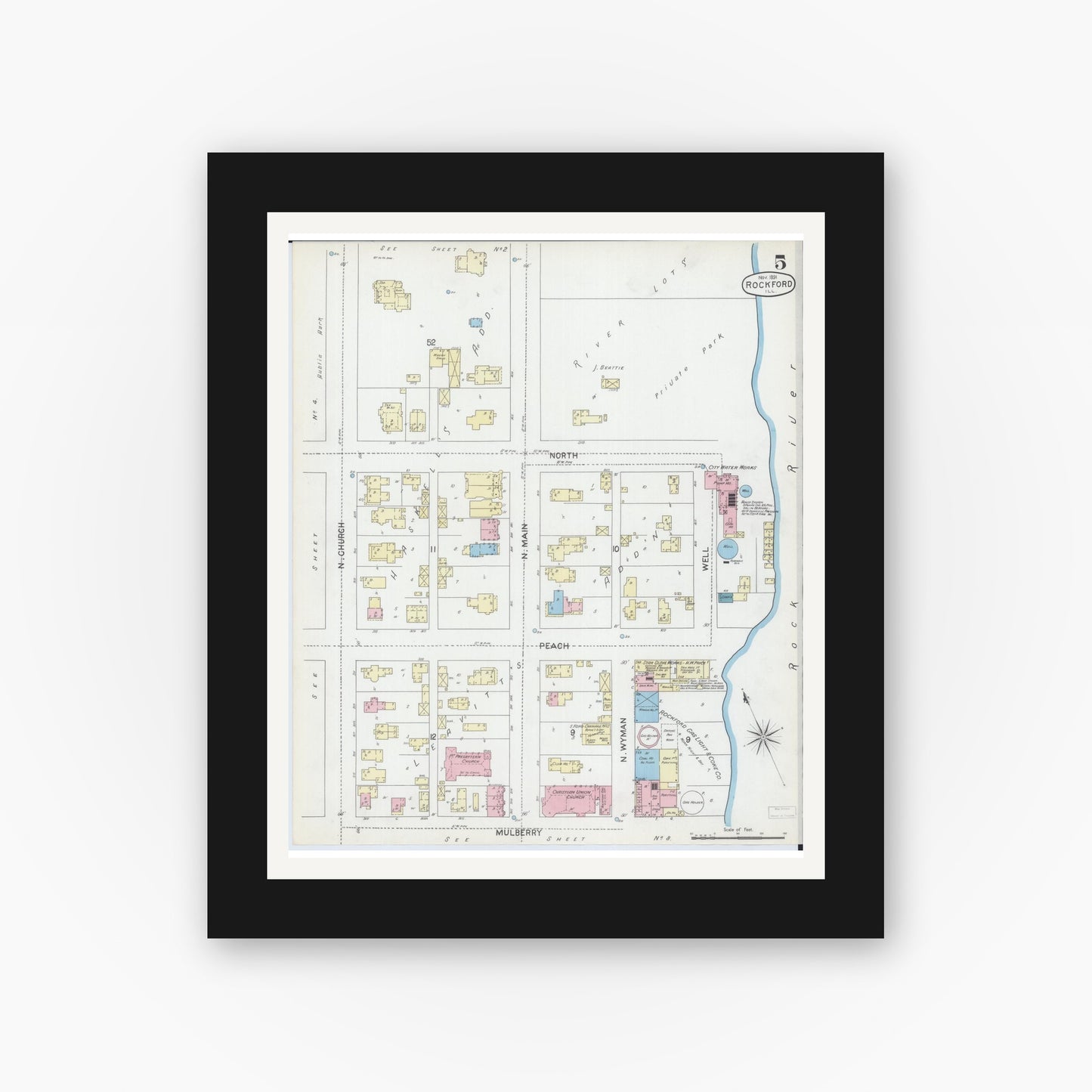 Old map wall art mockup — black gallery frame with white mat — Sanborn Fire Insurance Map from Rockford, Winnebago County, Illinois (1891), Sheet #0005
