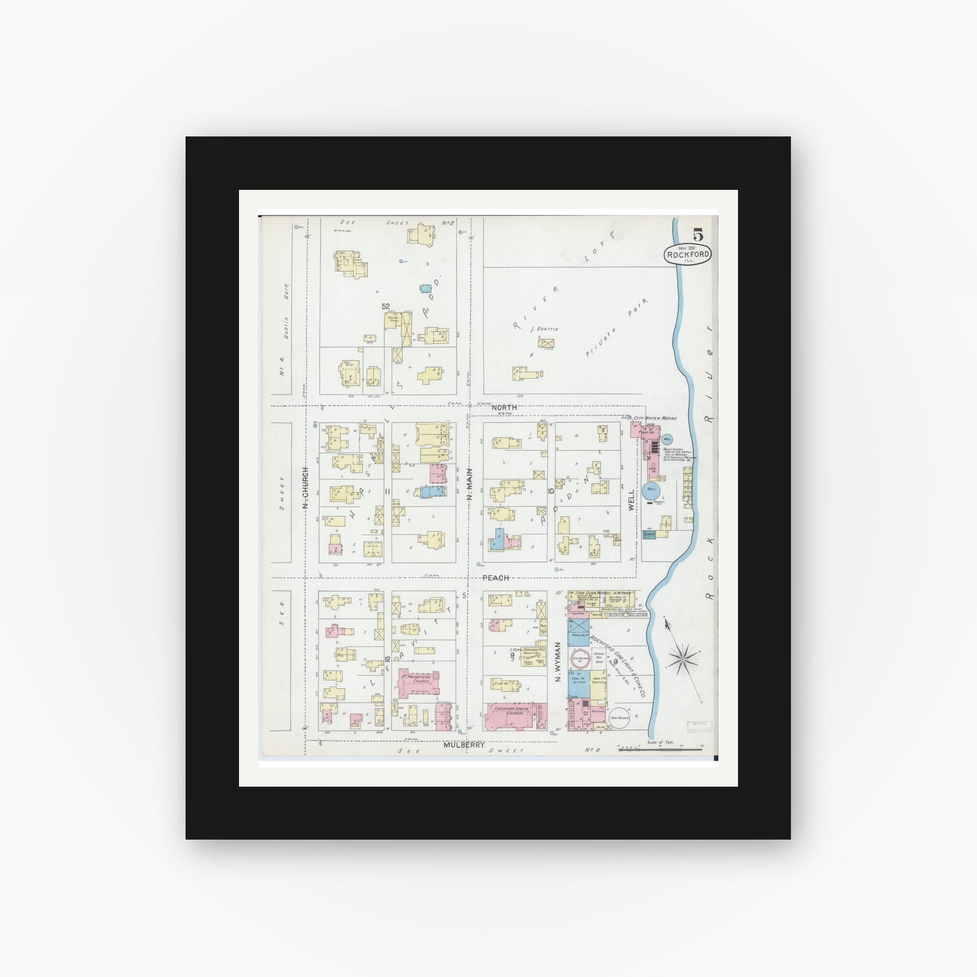 Old map wall art mockup — black gallery frame with white mat — Sanborn Fire Insurance Map from Rockford, Winnebago County, Illinois (1891), Sheet #0005