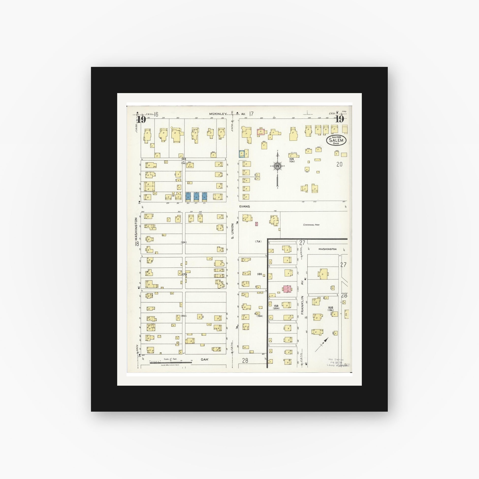 Old map wall art mockup — black gallery frame with white mat — Sanborn Fire Insurance Map from Salem, Columbiana County, Ohio (1926), Sheet #0019
