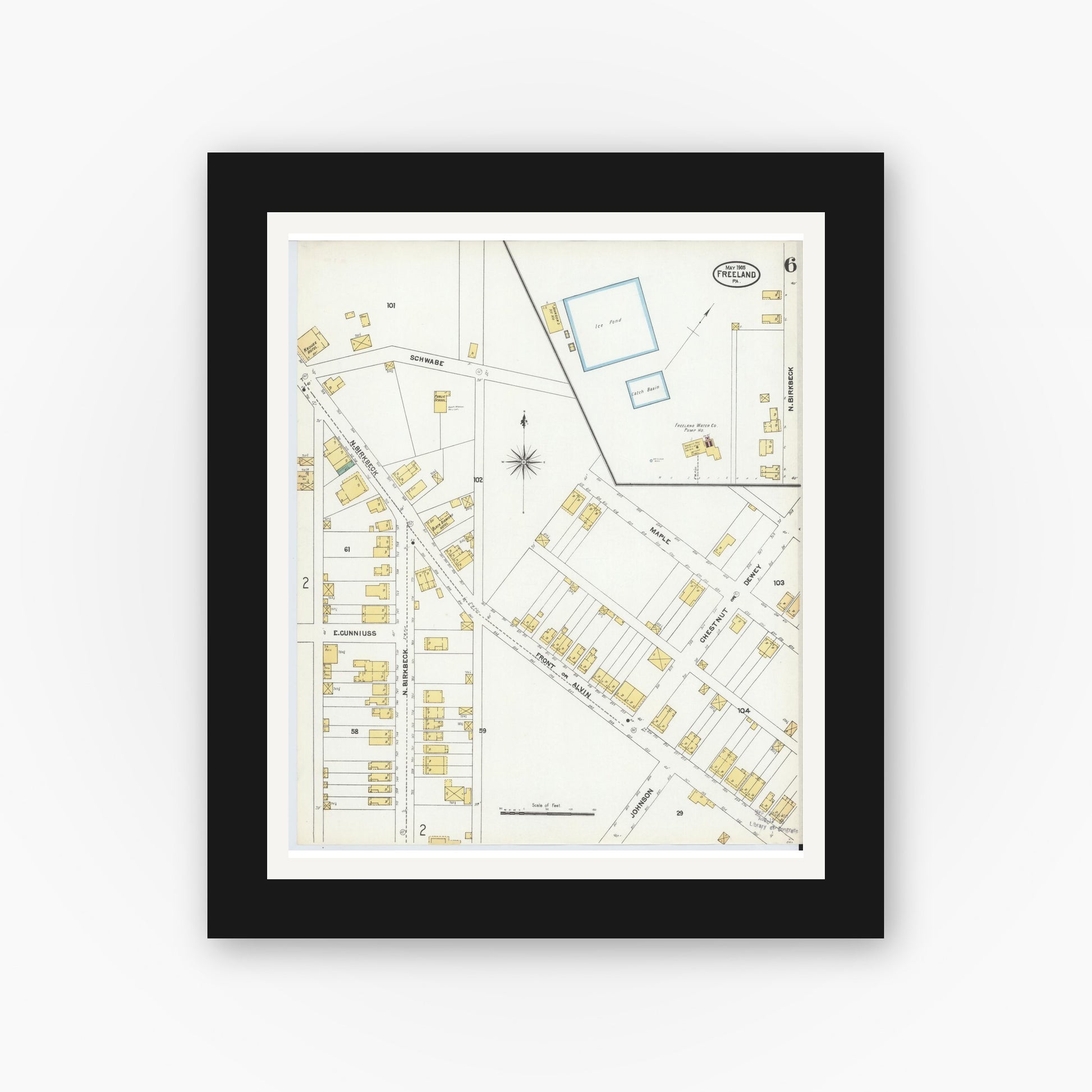 Old map wall art mockup — black gallery frame with white mat — Sanborn Fire Insurance Map from Freeland, Luzerne County, Pennsylvania (1905), Sheet #0006