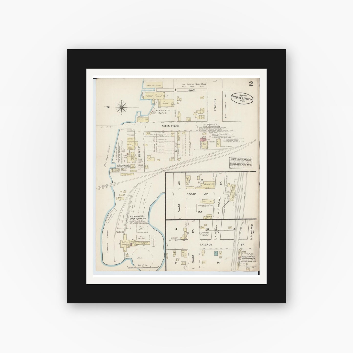 Old map wall art mockup — black gallery frame with white mat — Sanborn Fire Insurance Map from Port Clinton, Ottawa County, Ohio (1884), Sheet #0002