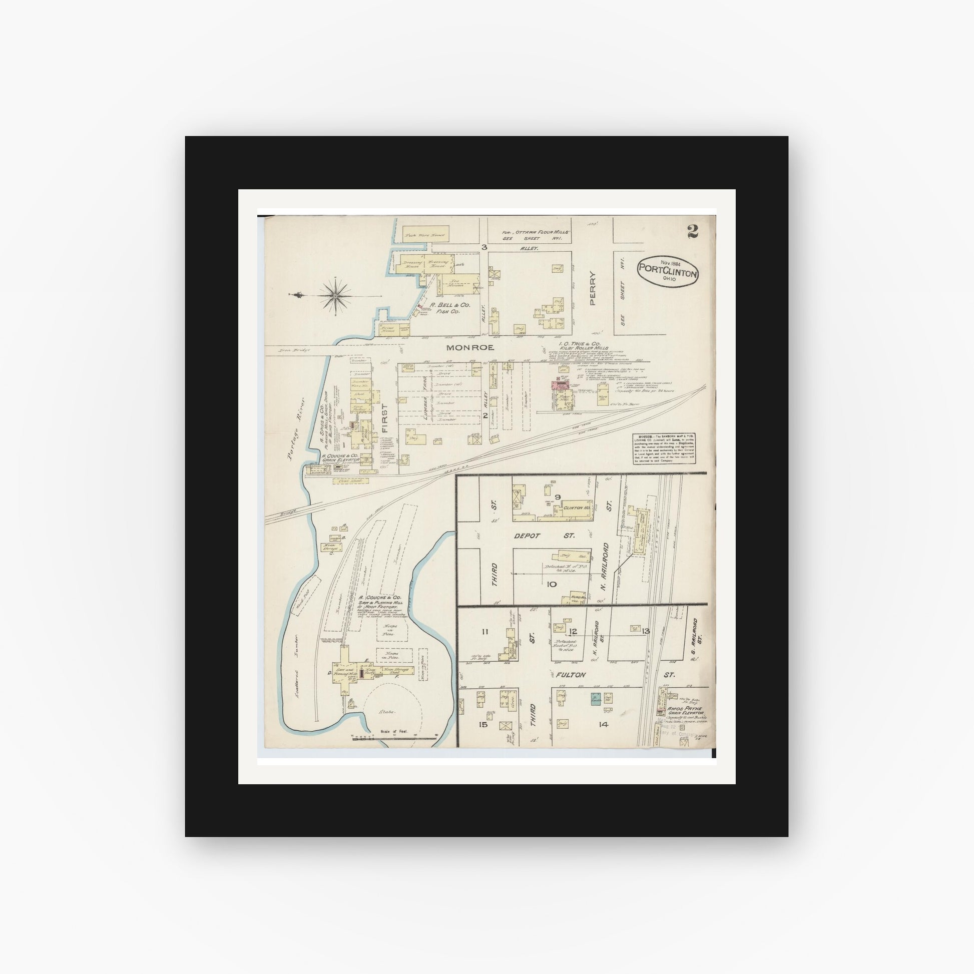 Old map wall art mockup — black gallery frame with white mat — Sanborn Fire Insurance Map from Port Clinton, Ottawa County, Ohio (1884), Sheet #0002