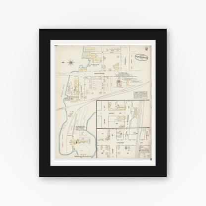 Old map wall art mockup — black gallery frame with white mat — Sanborn Fire Insurance Map from Port Clinton, Ottawa County, Ohio (1884), Sheet #0002