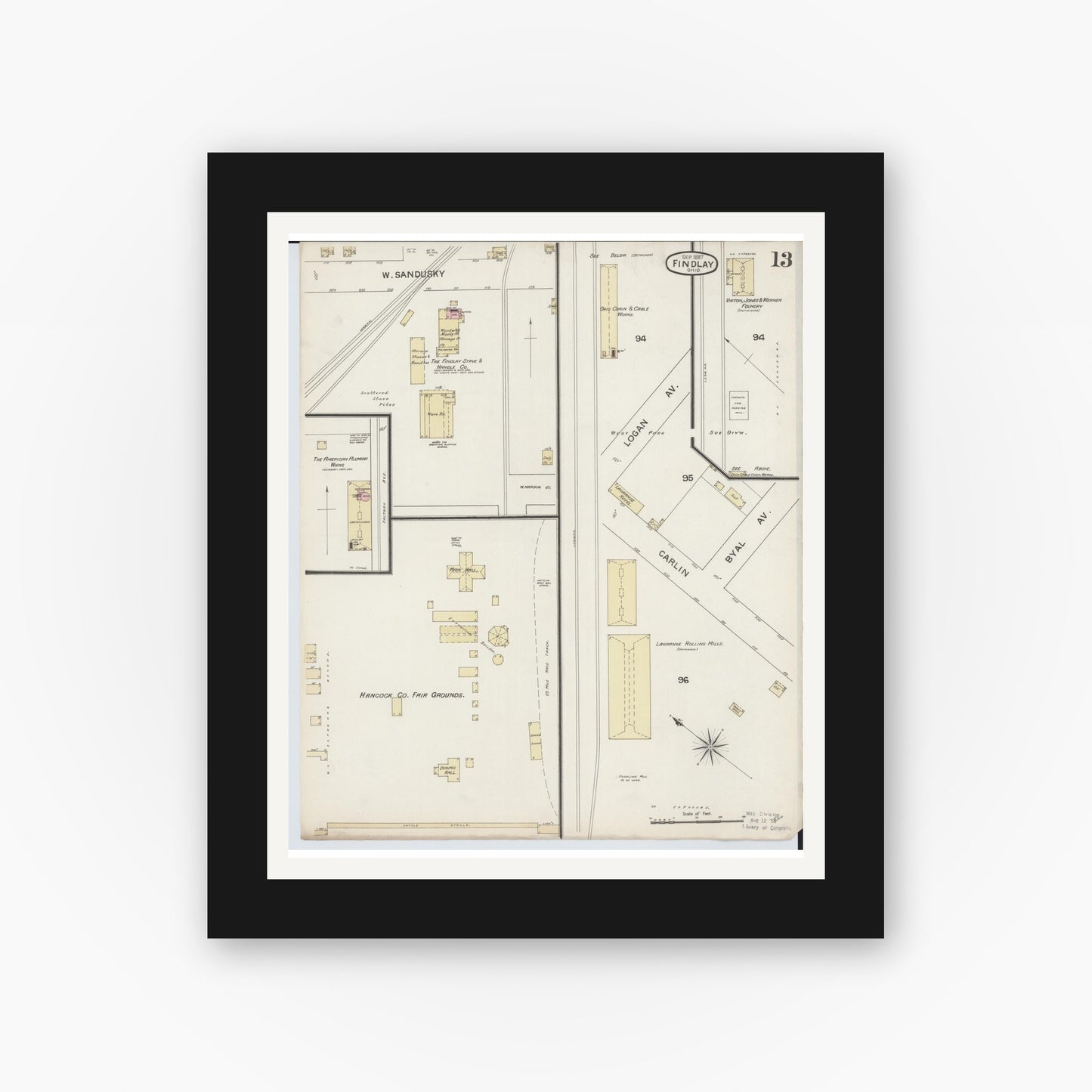 Old map wall art mockup — black gallery frame with white mat — Sanborn Fire Insurance Map from Findlay, Hancock County, Ohio (1887), Sheet #0013