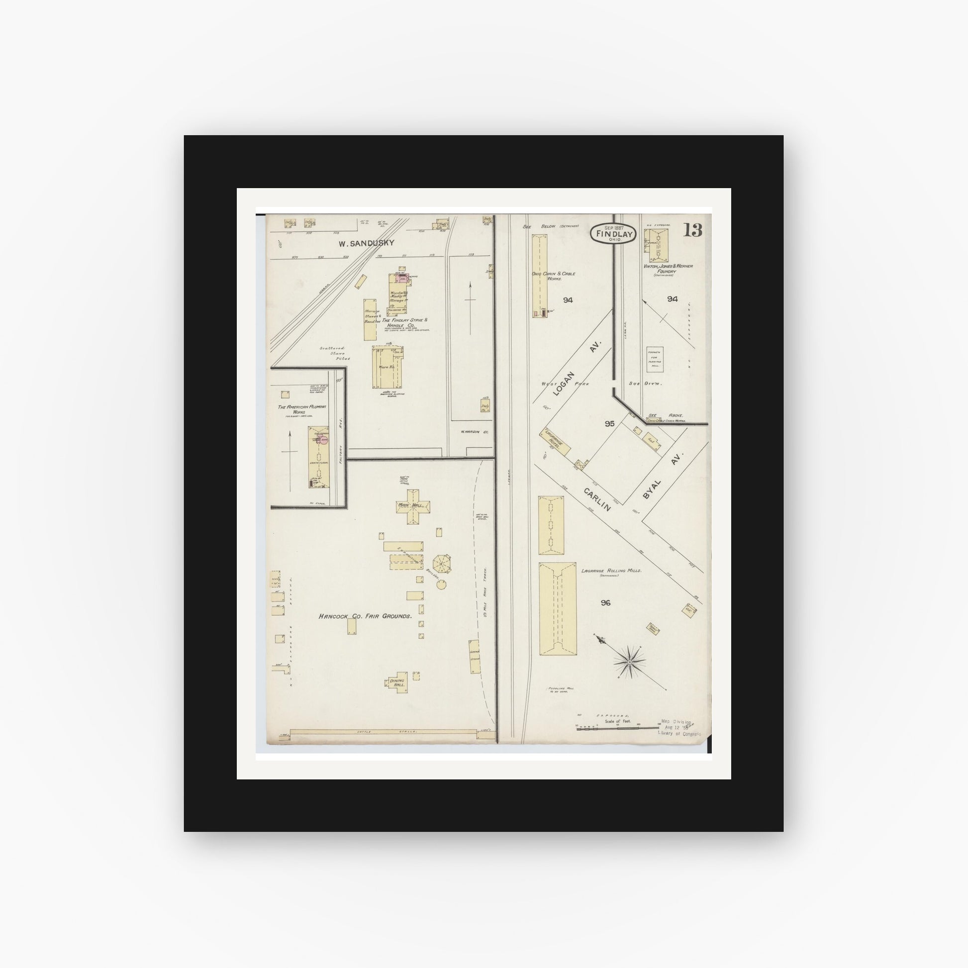Old map wall art mockup — black gallery frame with white mat — Sanborn Fire Insurance Map from Findlay, Hancock County, Ohio (1887), Sheet #0013